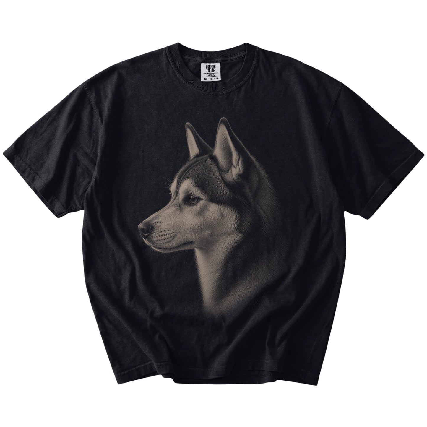 A detailed Husky portrait on a Black Comfort Colors® T-shirt