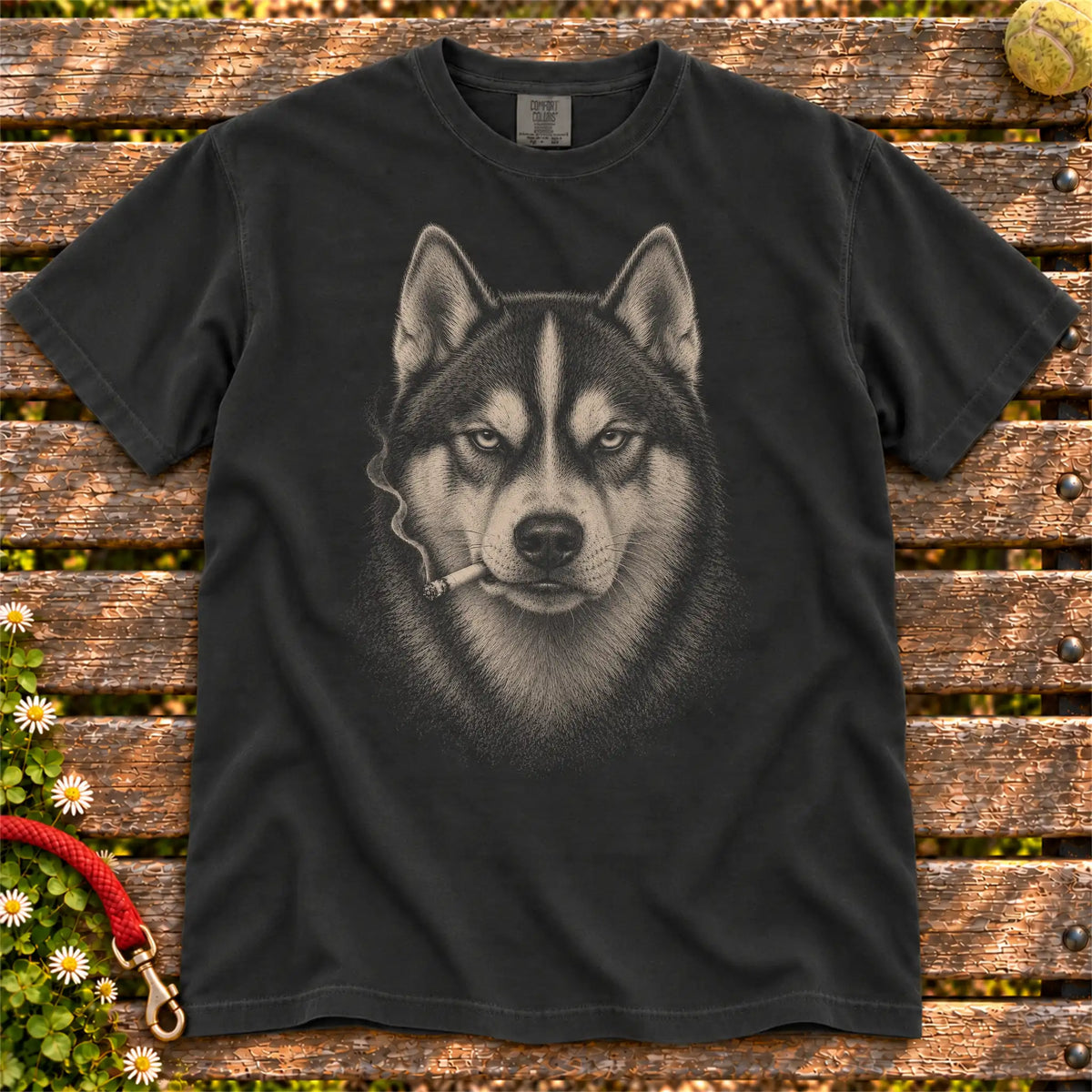 Husky smoking design on a Black t-shirt