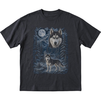 black T-shirt with Husky Winter Moon artwork.