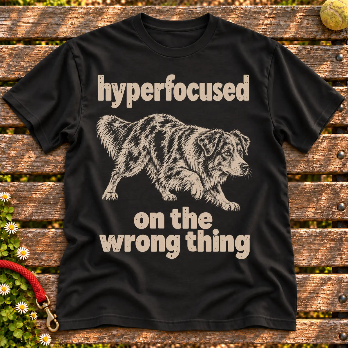 Black T-shirt with Australian Shepherd “hyperfocused on the wrong thing” design