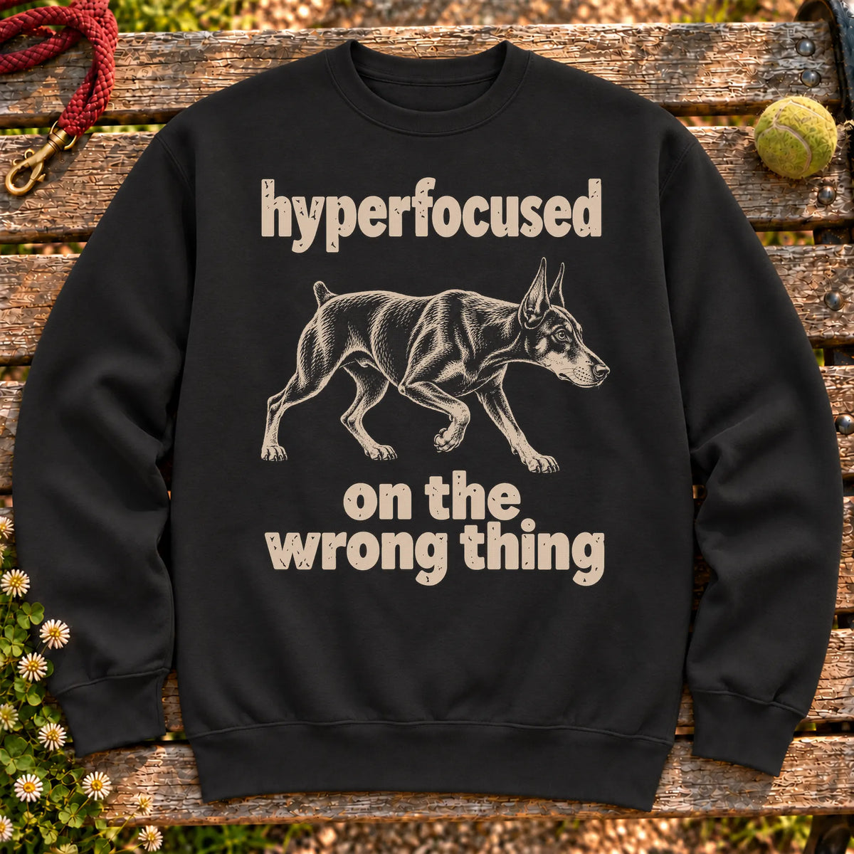 Black sweatshirt with Doberman “hyperfocused on the wrong thing” design