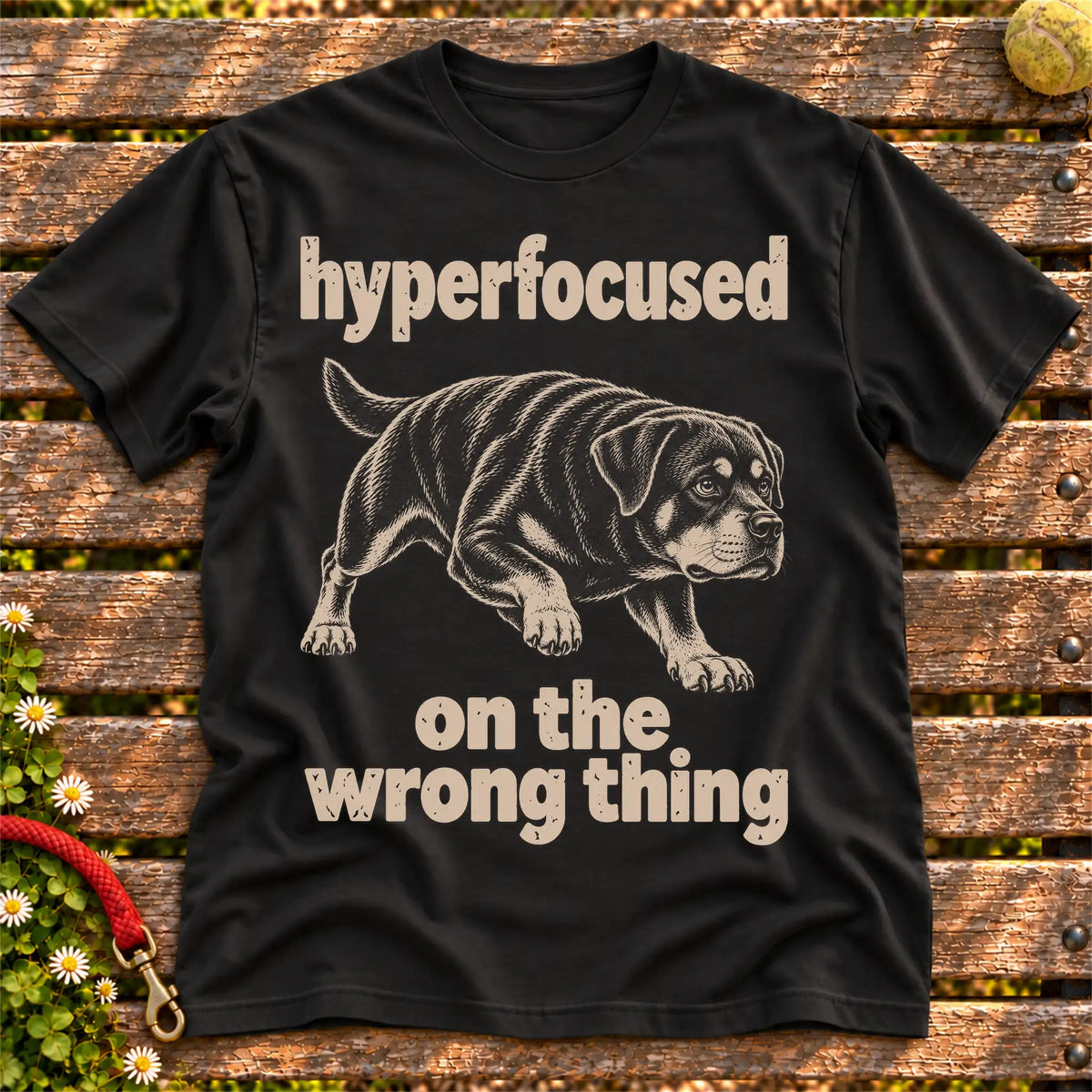 Black T-shirt with Rottweiler “hyperfocused on the wrong thing” design