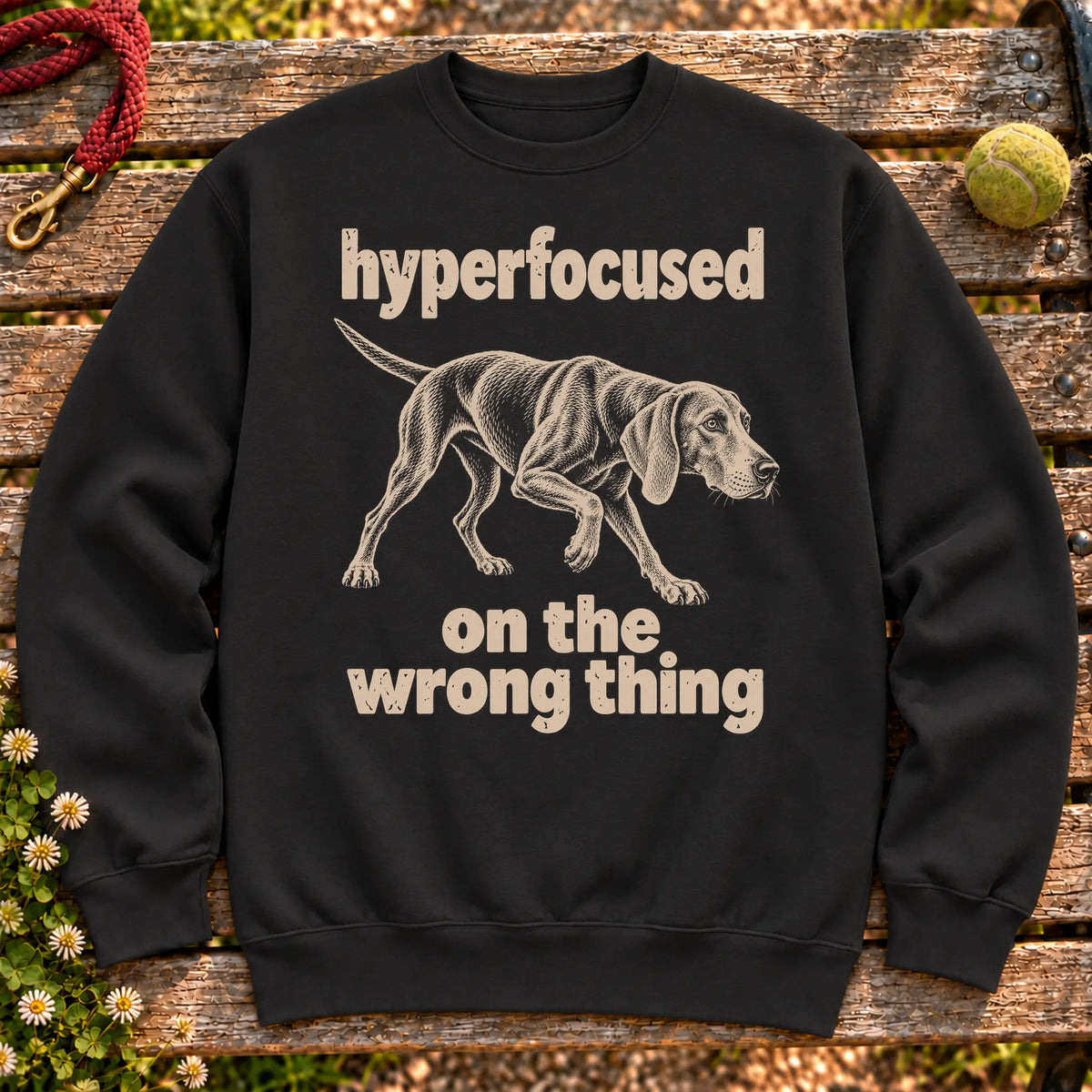 Black sweatshirt with Weimaraner “hyperfocused on the wrong thing” design