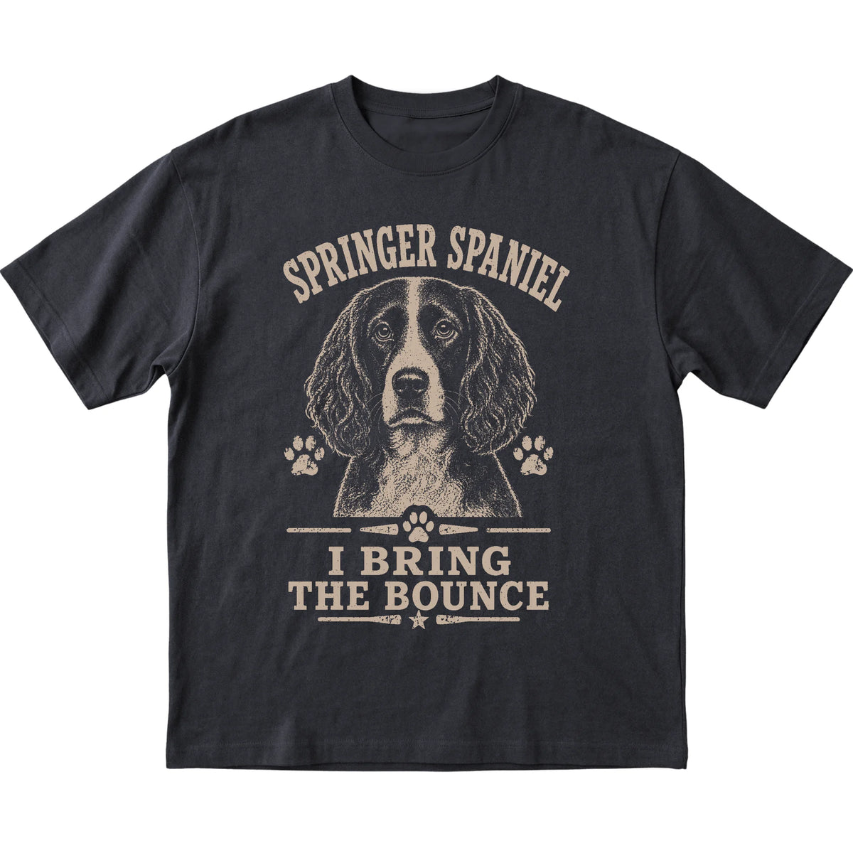 Black T-shirt featuring I Bring The Bounce - Springer Spaniel, laid-flat presentation