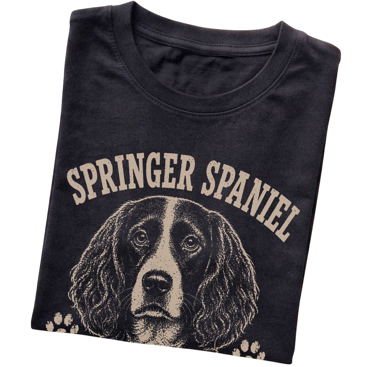Black T-shirt featuring I Bring The Bounce - Springer Spaniel, folded presentation