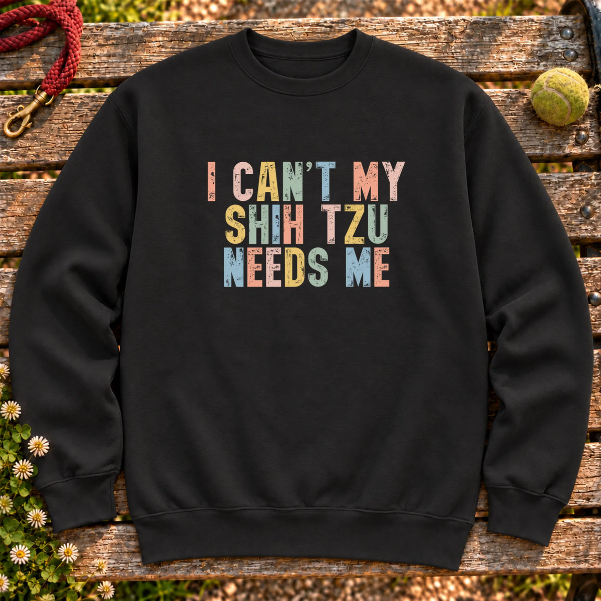 I Can't My Shih Tzu Needs Me text design on a Black crewneck sweatshirt