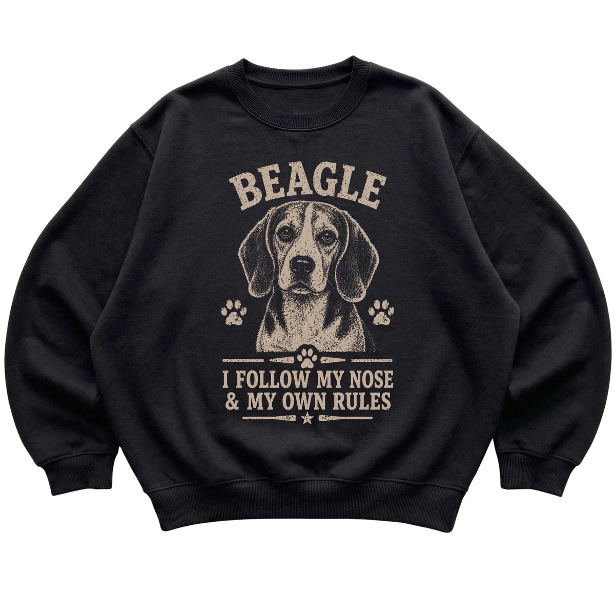 Black crewneck sweatshirt featuring I Follow My Nose & My Own Rules - Beagle, laid-flat presentation