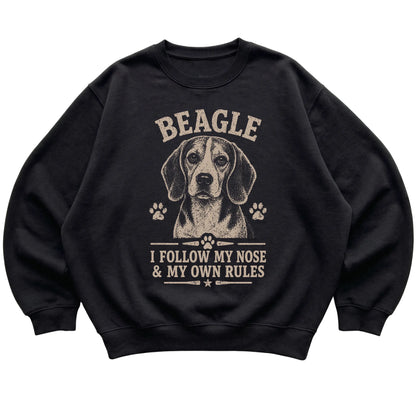 Black crewneck sweatshirt featuring I Follow My Nose & My Own Rules - Beagle, laid-flat presentation