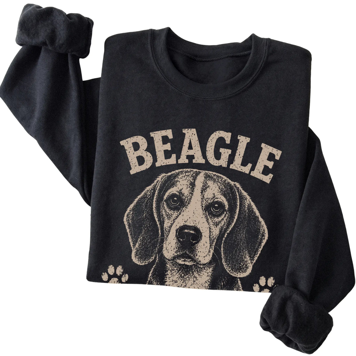 Black crewneck sweatshirt featuring I Follow My Nose & My Own Rules - Beagle, folded presentation