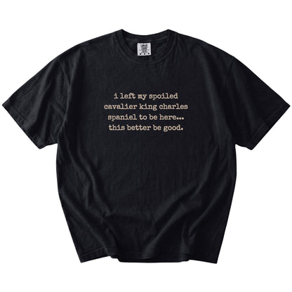 “I Left My Spoiled Cavalier King Charles Spaniel Home” saying on a Black Comfort Colors® T-shirt