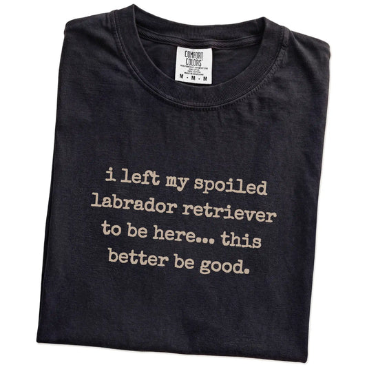 Folded Black Comfort Colors® T-shirt showing the “I Left My Spoiled Labrador Retriever Home” saying