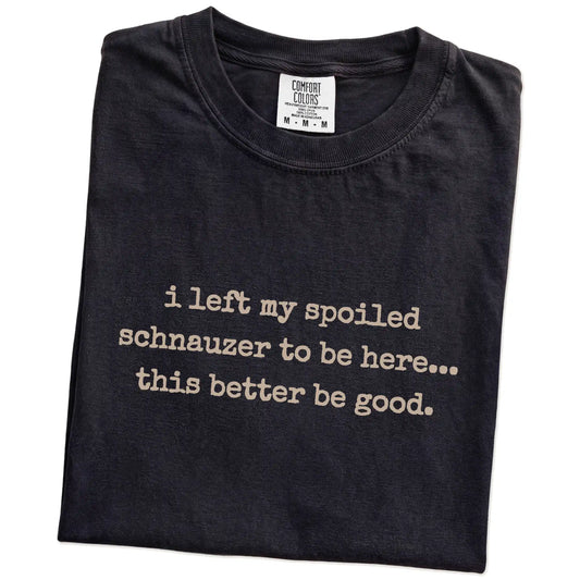 Folded Black Comfort Colors® T-shirt showing the “I Left My Spoiled Schnauzer Home” saying