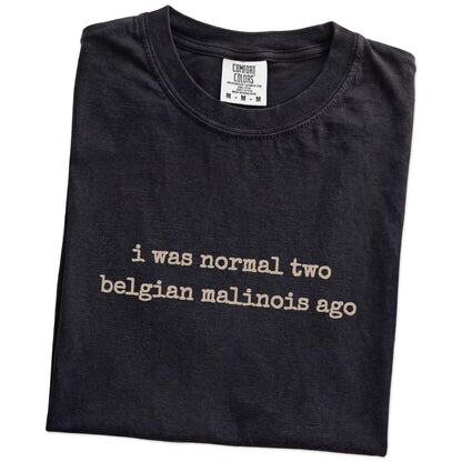 Folded Black Comfort Colors® T-shirt showing i was normal two belgian malinois ago lettering