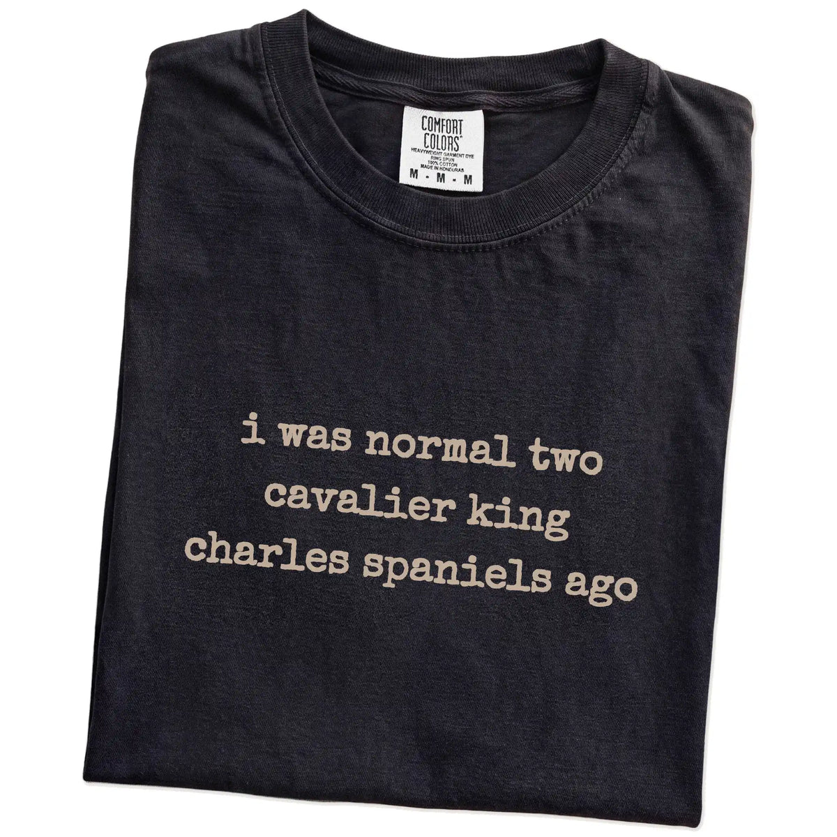 Folded Black Comfort Colors® T-shirt showing i was normal two cavalier king charles spaniels ago lettering