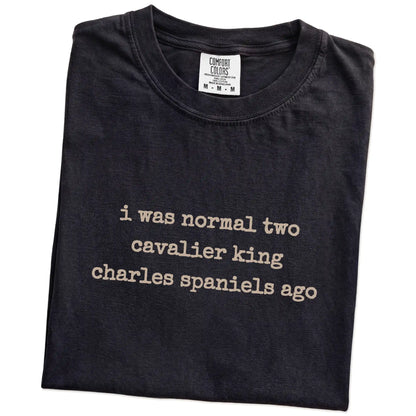 Folded Black Comfort Colors® T-shirt showing i was normal two cavalier king charles spaniels ago lettering