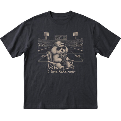 Black I live here now Bichon Frise T-shirt, laid flat