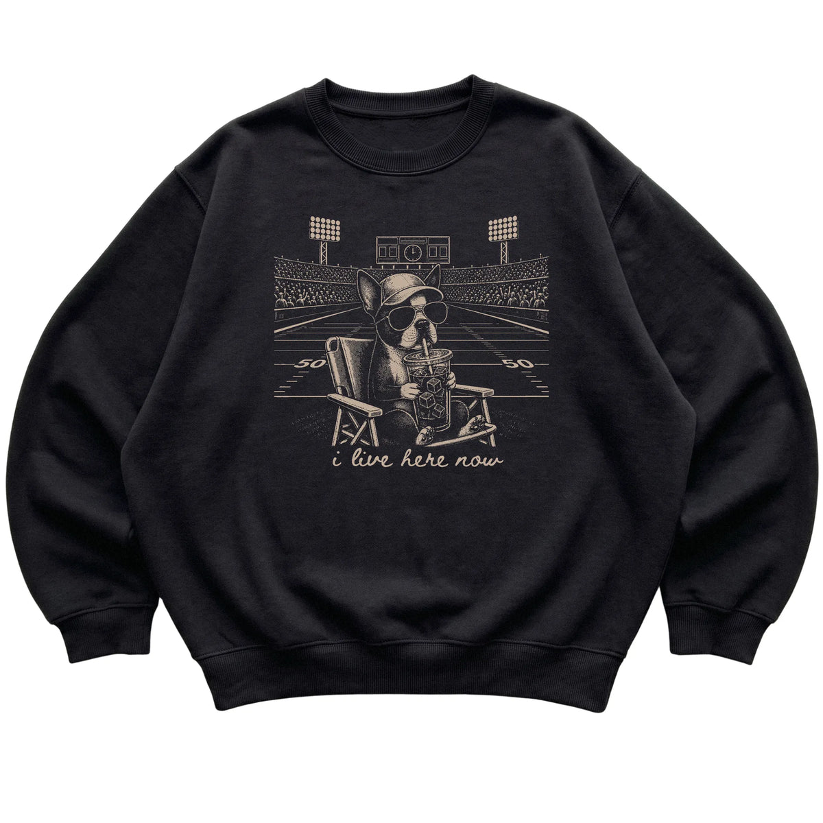 Black I live here now Boston Terrier sweatshirt, laid flat