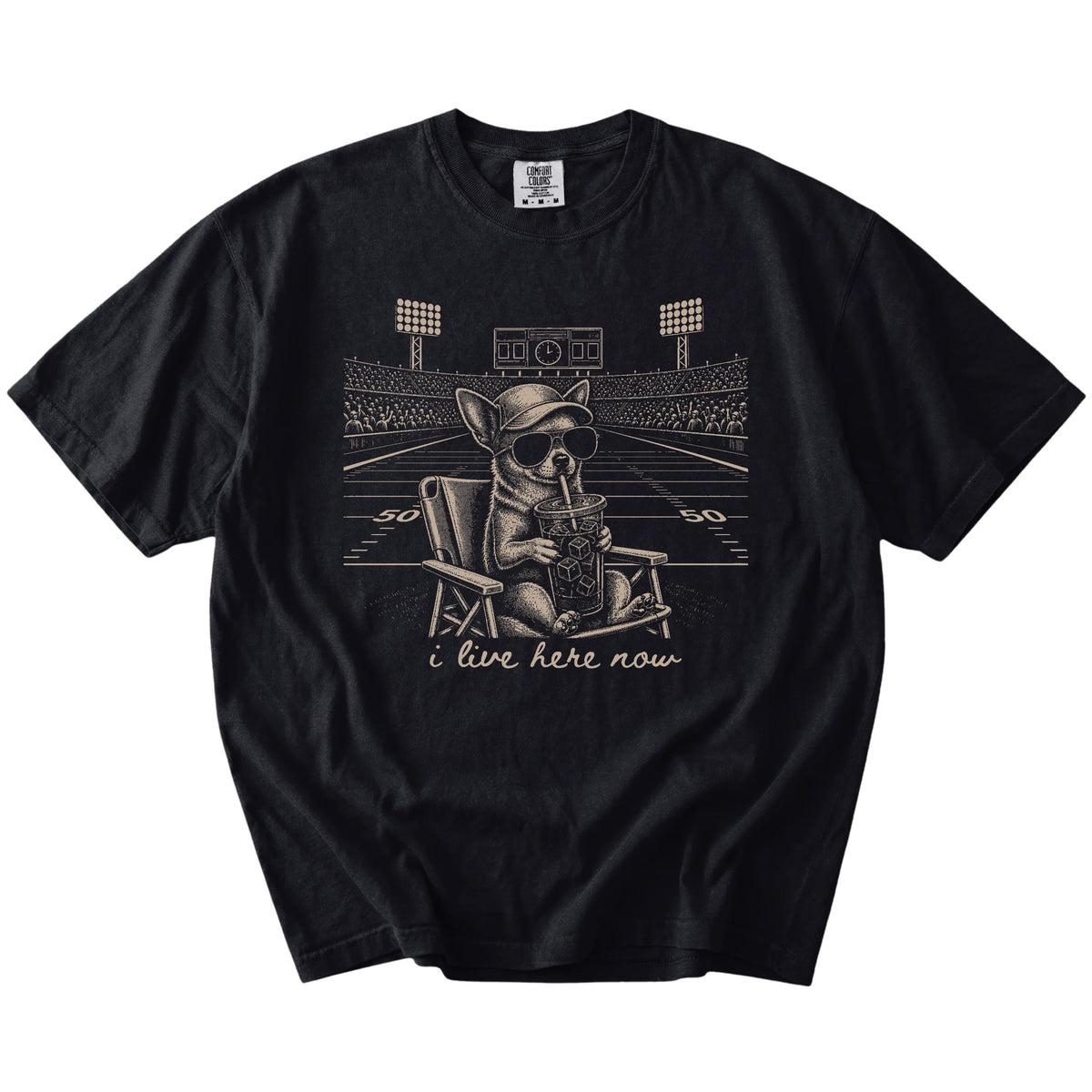 Chihuahua claiming the football field with “I Live Here Now” lettering on a Black Comfort Colors® T-shirt