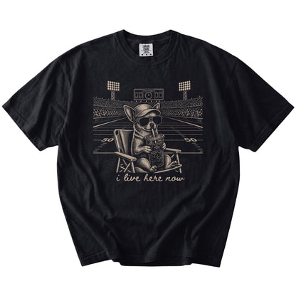 Chihuahua claiming the football field with “I Live Here Now” lettering on a Black Comfort Colors® T-shirt