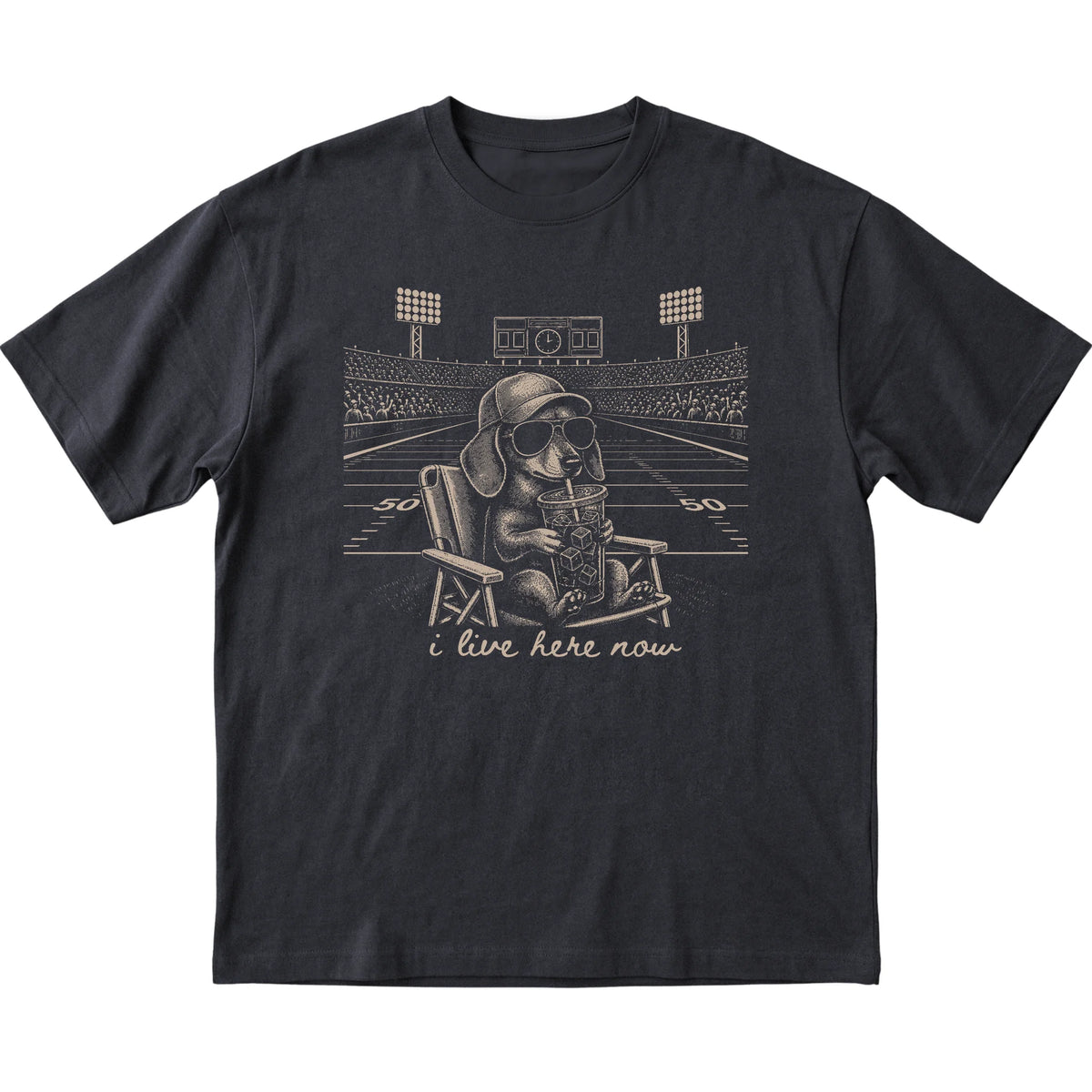 Black I live here now Dachshund T-shirt, laid flat
