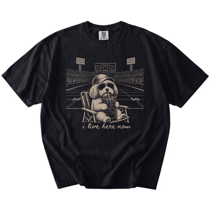 Havanese claiming the football field with “I Live Here Now” lettering on a Black Comfort Colors® T-shirt