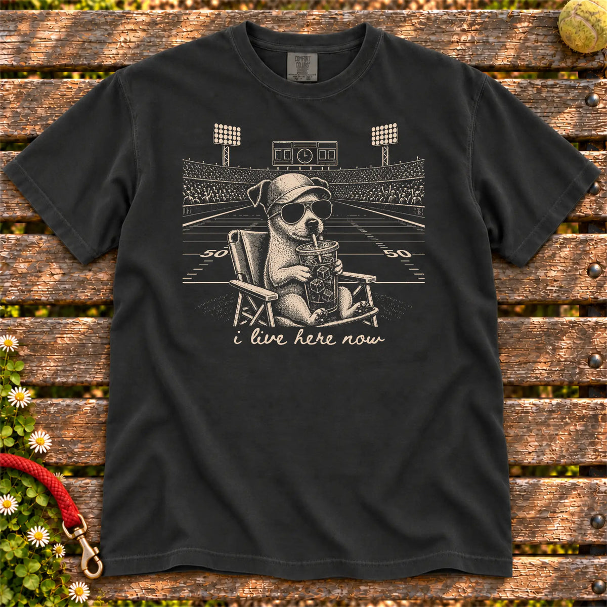 Jack Russell Iced Coffee Football design on a Black Comfort Colors T-shirt, shown flat