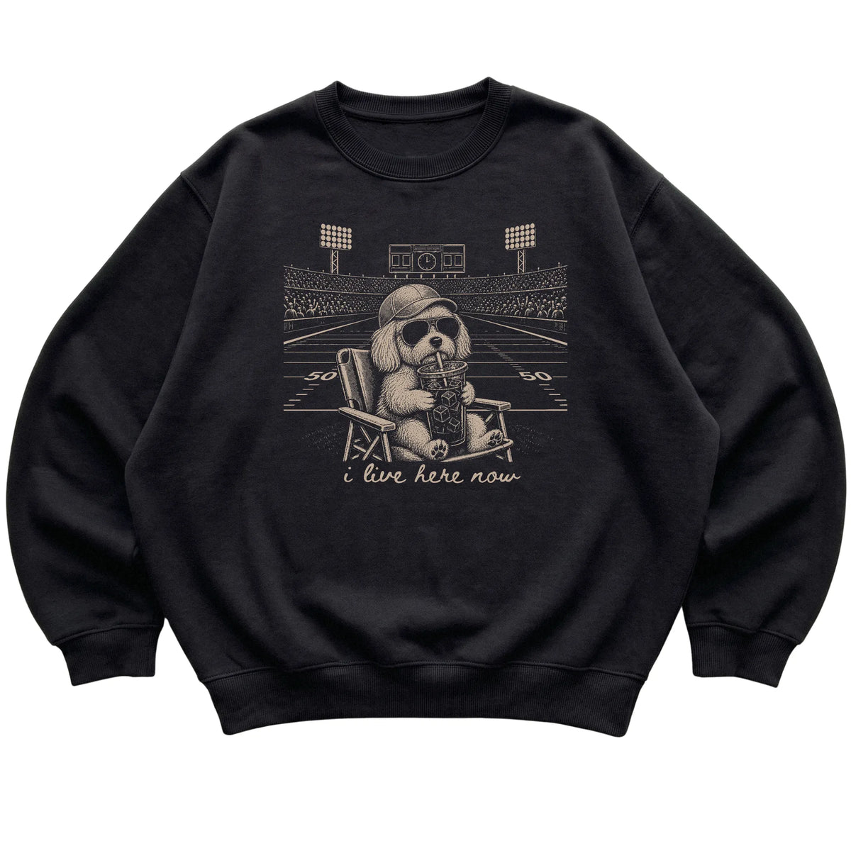 Black I live here now Maltese sweatshirt, laid flat