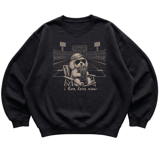 Black I live here now Maltese sweatshirt, laid flat