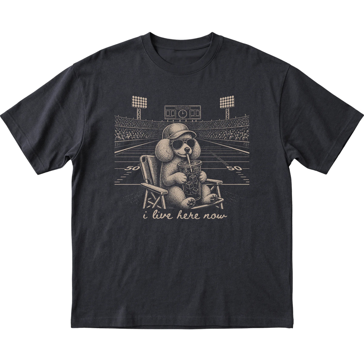 Black I live here now Poodle T-shirt, laid flat