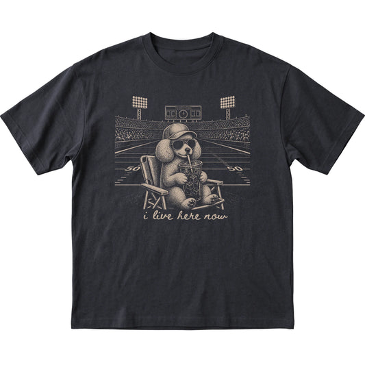 Black I live here now Poodle T-shirt, laid flat