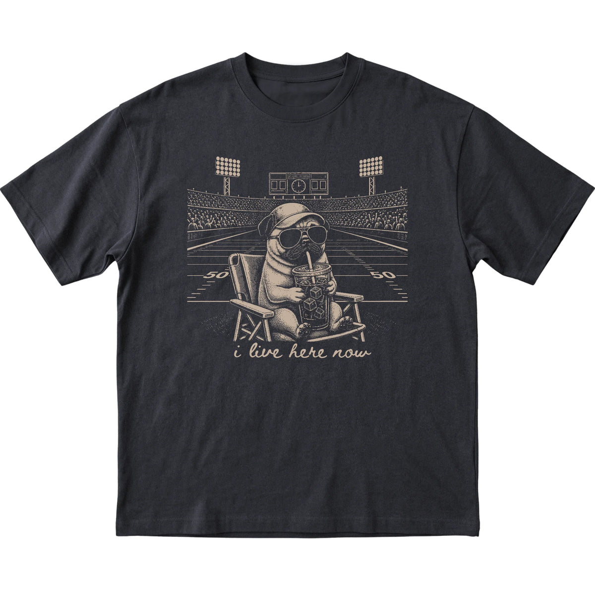 Black I live here now Pug T-shirt, laid flat