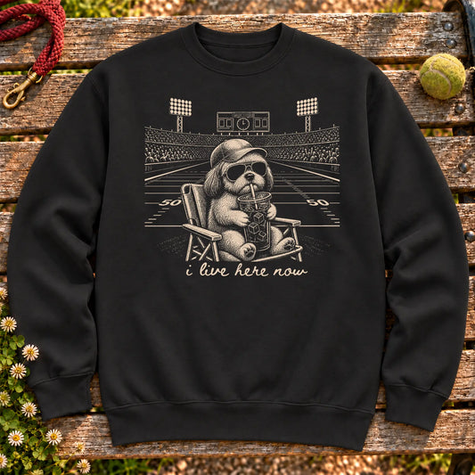 Shih Tzu I live here now on a Black crewneck sweatshirt, shown flat