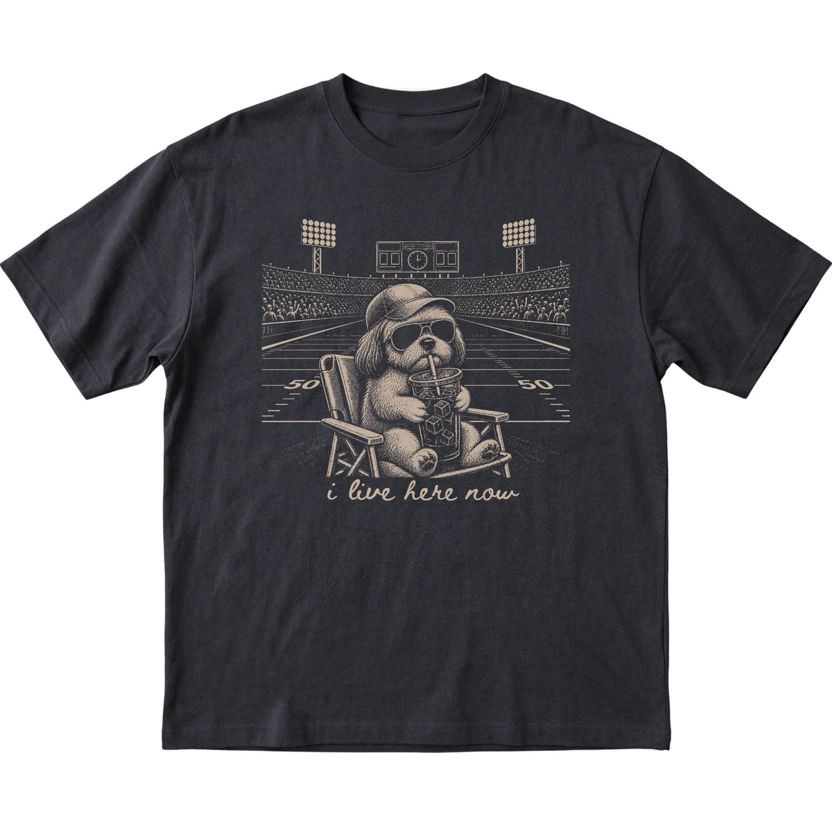 Black I live here now Shih Tzu T-shirt, laid flat
