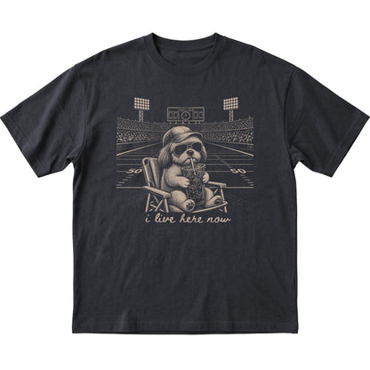 Black I live here now Shih Tzu T-shirt, laid flat