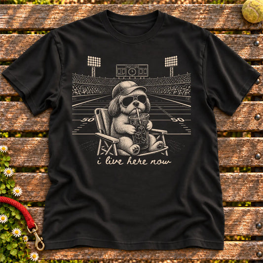 Shih Tzu I live here now on a Black T-shirt, shown flat