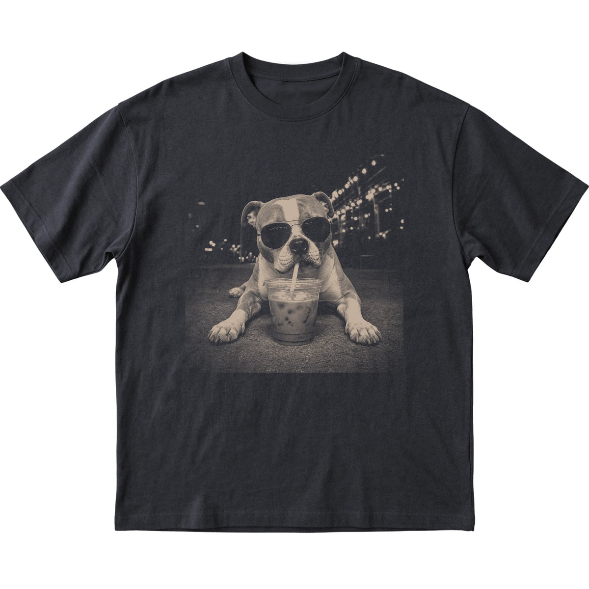American Bulldog wearing aviator sunglasses and drinking iced coffee on a Black Gildan Softstyle T-Shirt, flat lay view