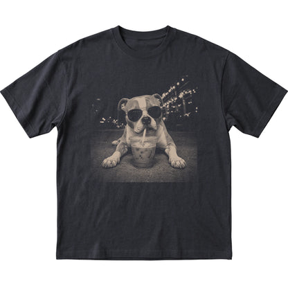 American Bulldog wearing aviator sunglasses and drinking iced coffee on a Black Gildan Softstyle T-Shirt, flat lay view