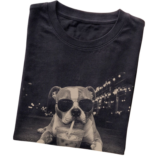 American Bulldog wearing aviator sunglasses and drinking iced coffee on a Black Gildan Softstyle T-Shirt, folded view