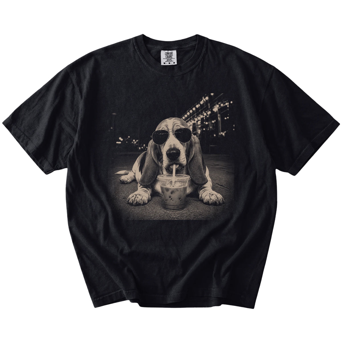 Basset Hound with iced coffee in a retro grunge design on a Black Comfort Colors® T-shirt