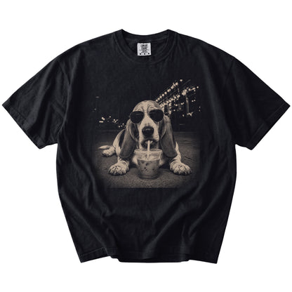 Basset Hound with iced coffee in a retro grunge design on a Black Comfort Colors® T-shirt