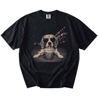 Beagle with iced coffee in a retro grunge design on a Black Comfort Colors® T-shirt