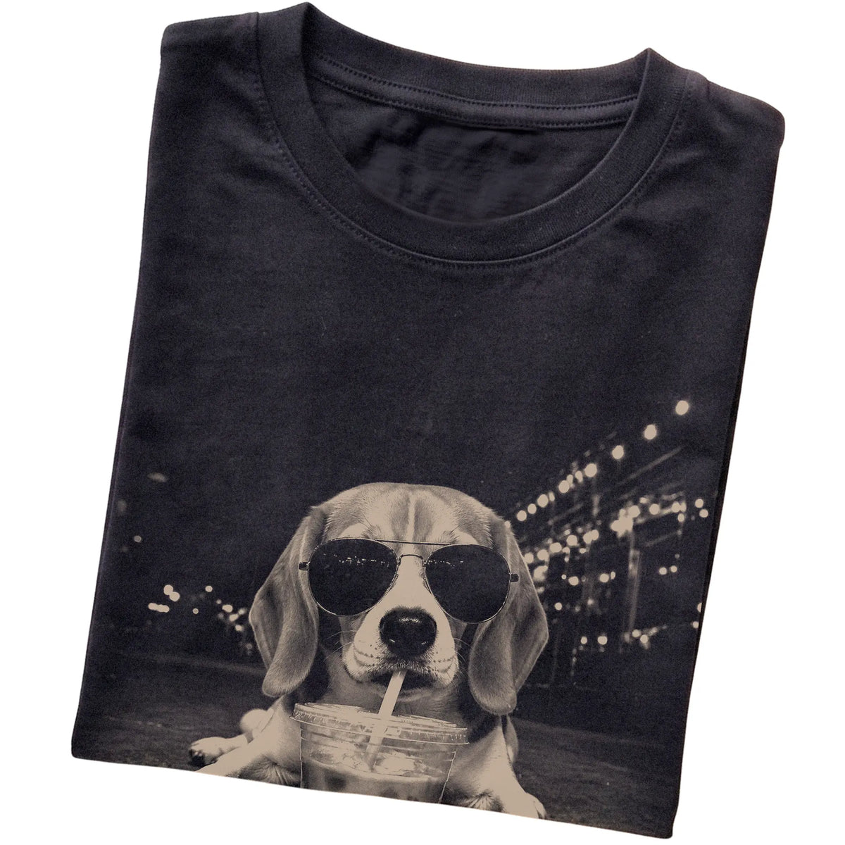 Beagle wearing aviator sunglasses and drinking iced coffee on a Black Gildan Softstyle T-Shirt, folded view