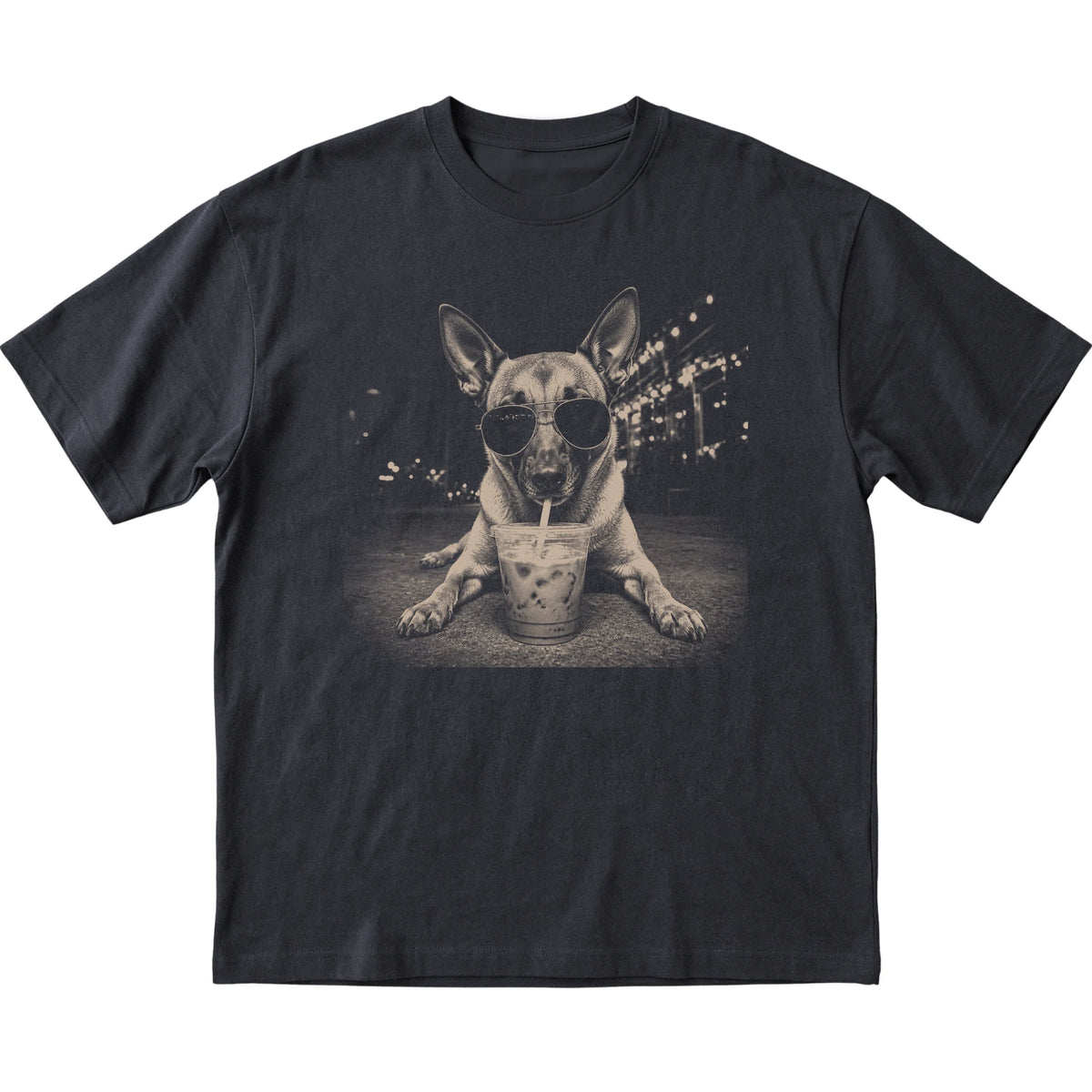 Belgian Malinois wearing aviator sunglasses and drinking iced coffee on a Black Gildan Softstyle T-Shirt, flat lay view