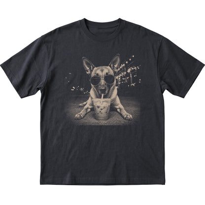 Belgian Malinois wearing aviator sunglasses and drinking iced coffee on a Black Gildan Softstyle T-Shirt, flat lay view