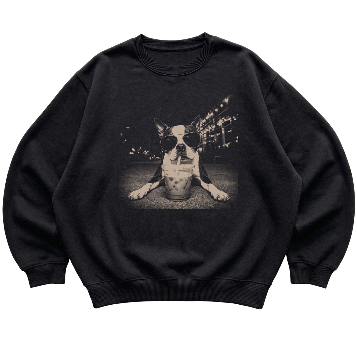 Boston Terrier wearing aviator sunglasses and drinking iced coffee on a Black Gildan Heavy Blend Crewneck Sweatshirt, flat lay view