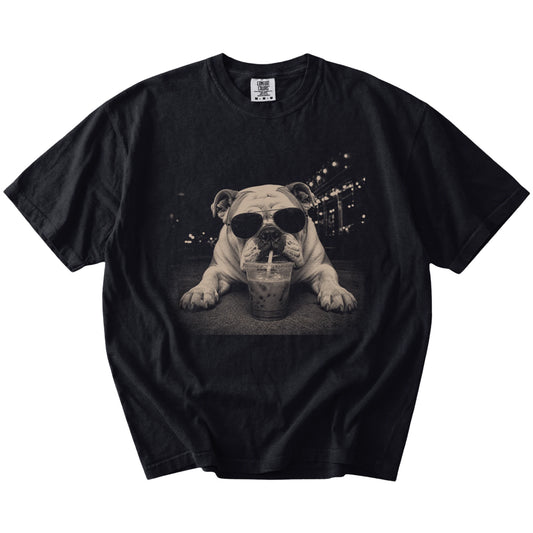 Bulldog with iced coffee in a retro grunge design on a Black Comfort Colors® T-shirt