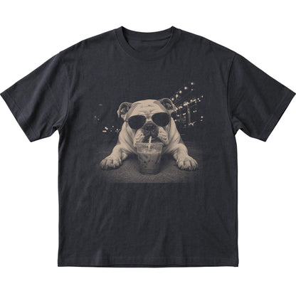 Bulldog wearing aviator sunglasses and drinking iced coffee on a Black Gildan Softstyle T-Shirt, flat lay view