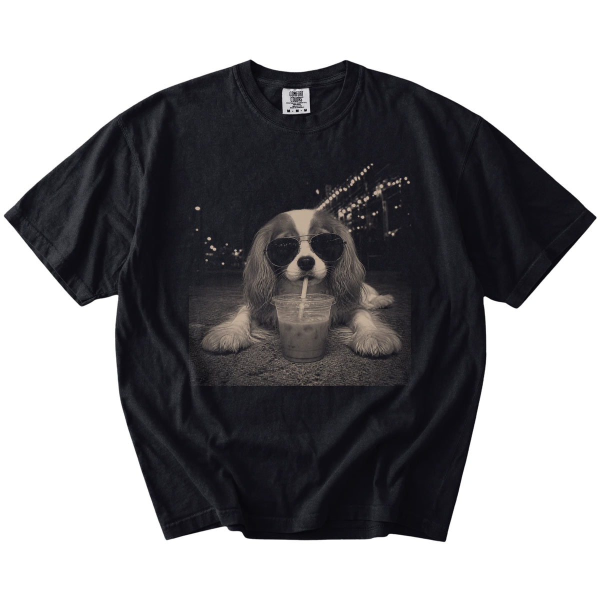 Cavalier King Charles Spaniel with iced coffee in a retro grunge design on a Black Comfort Colors® T-shirt