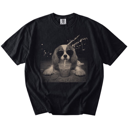 Cavalier King Charles Spaniel with iced coffee in a retro grunge design on a Black Comfort Colors® T-shirt
