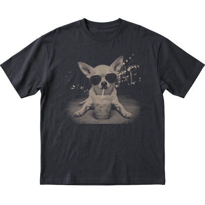 Chihuahua wearing aviator sunglasses and drinking iced coffee on a Black Gildan Softstyle T-Shirt, flat lay view